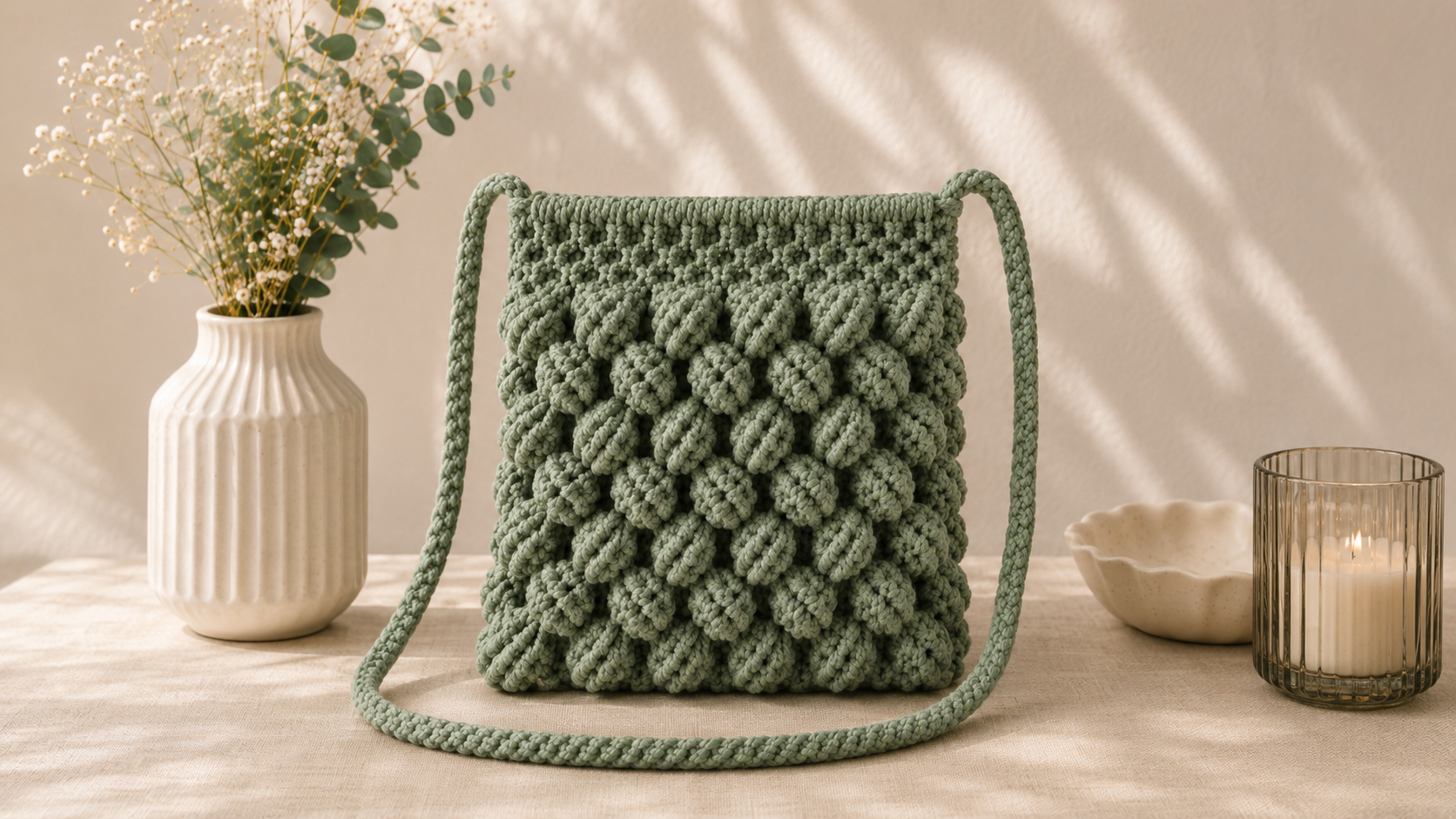 Visuel préparatoire du sac en macramé vert sauge – la création finale sera entièrement réalisée à la main.