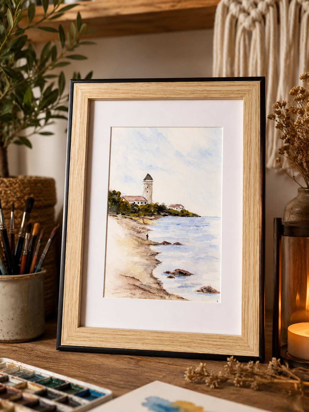 Le silence du rivage - Aquarelle originale encadrée