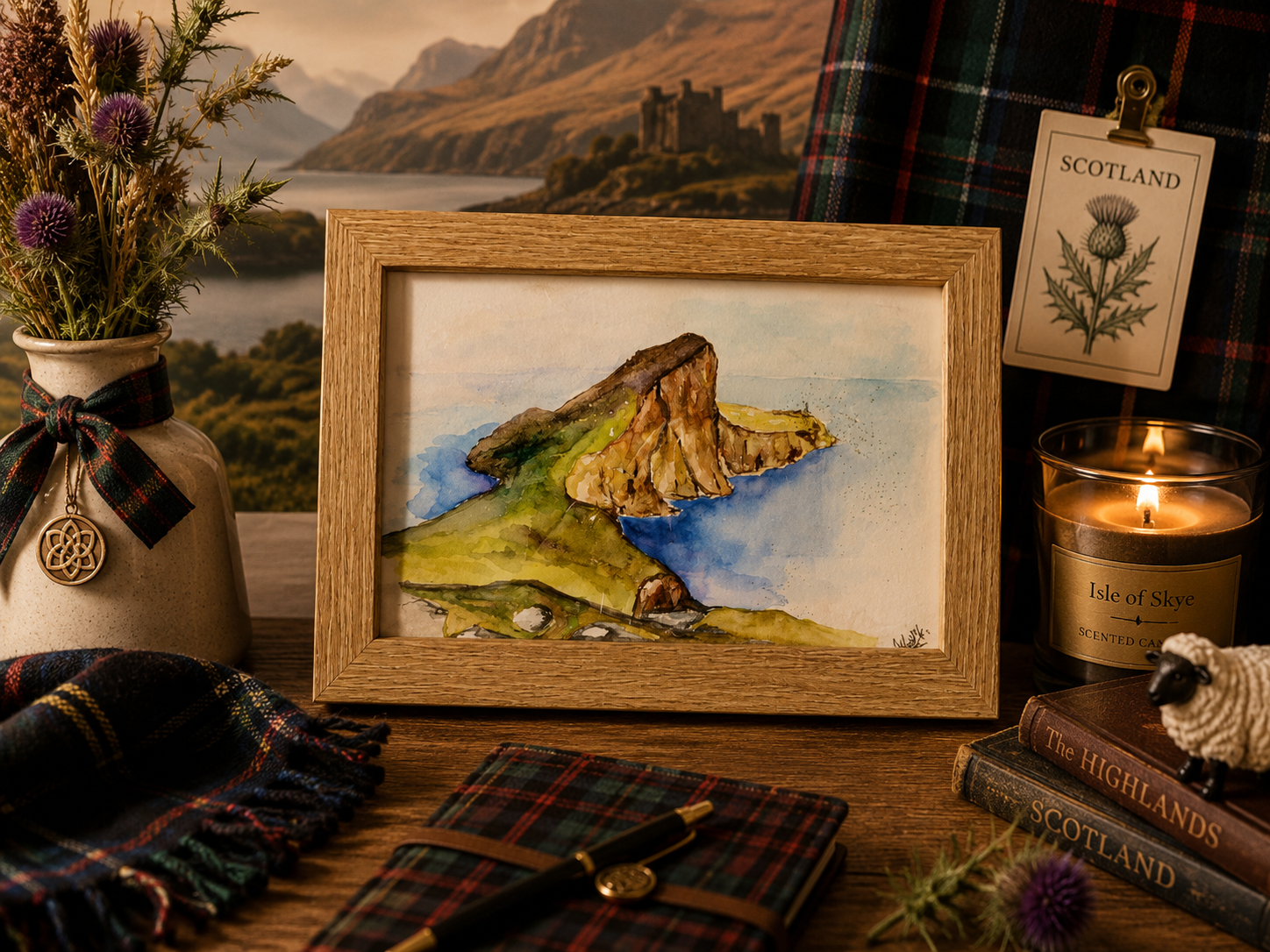 Neist Point, Île de Skye (Écosse) - Aquarelle originale encadrée