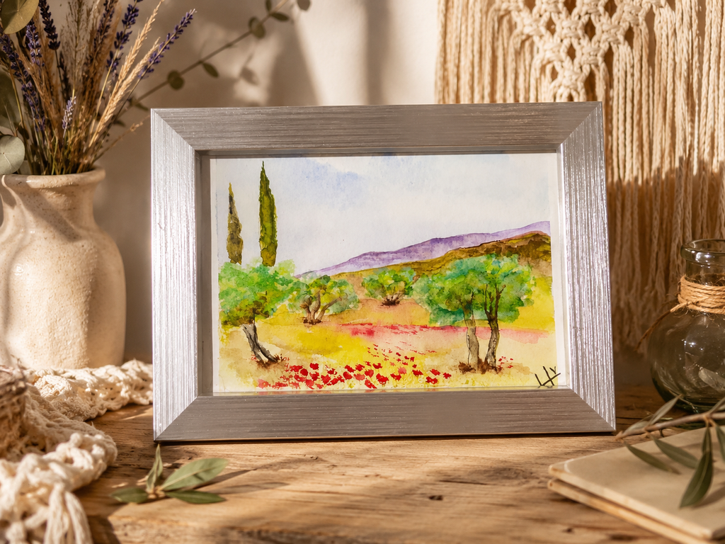 Les Oliviers de Provence – Aquarelle originale encadrée