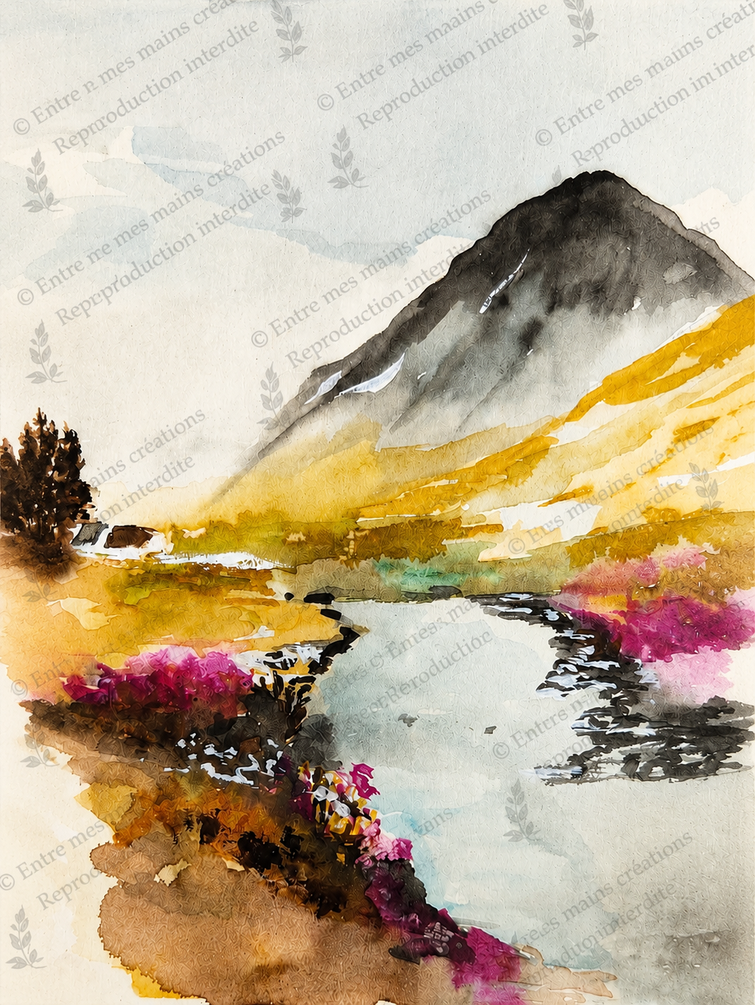 Brume des Highlands -Aquarelle originale encadrée
