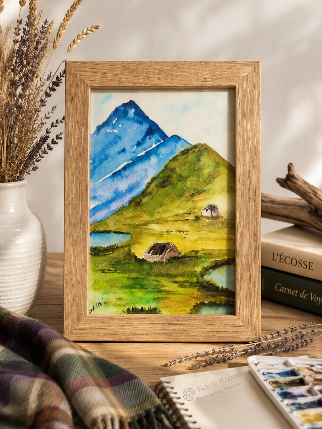 Évasion vers les Highlands -Aquarelle originale encadrée
