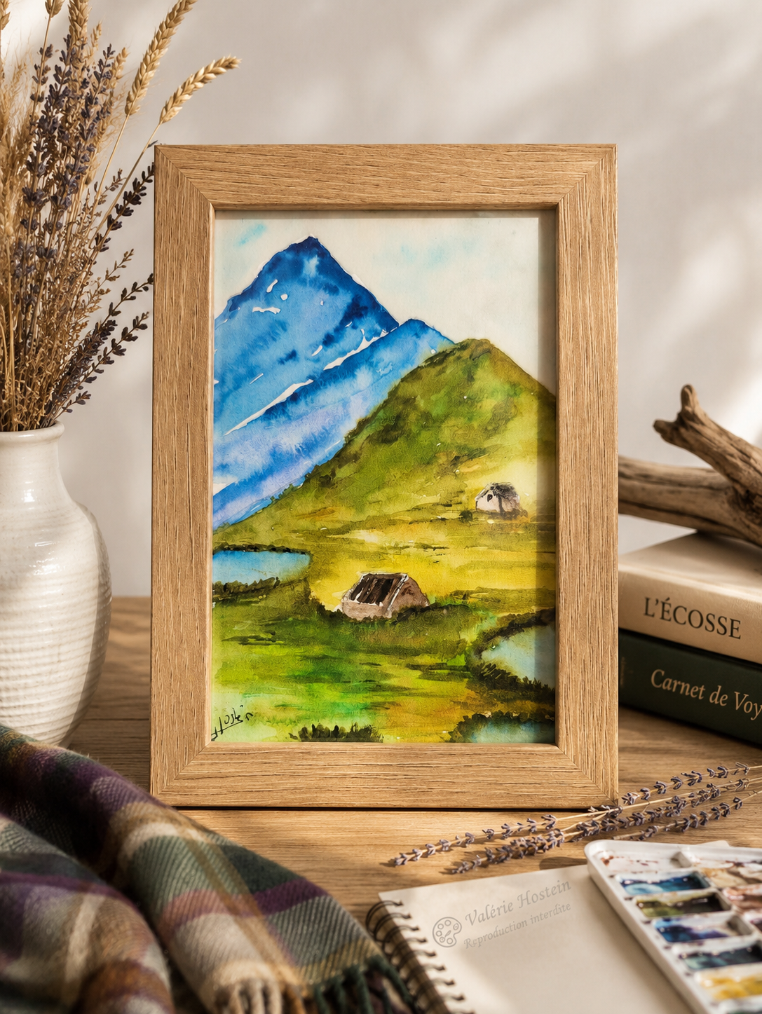 Évasion vers les Highlands -Aquarelle originale encadrée