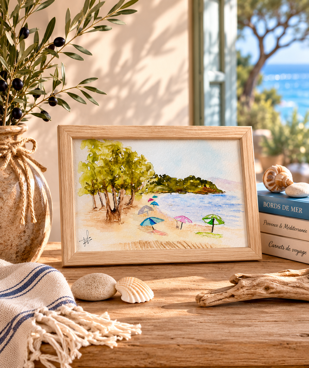 Sous les Pins de la Méditerranée -Aquarelle originale encadrée