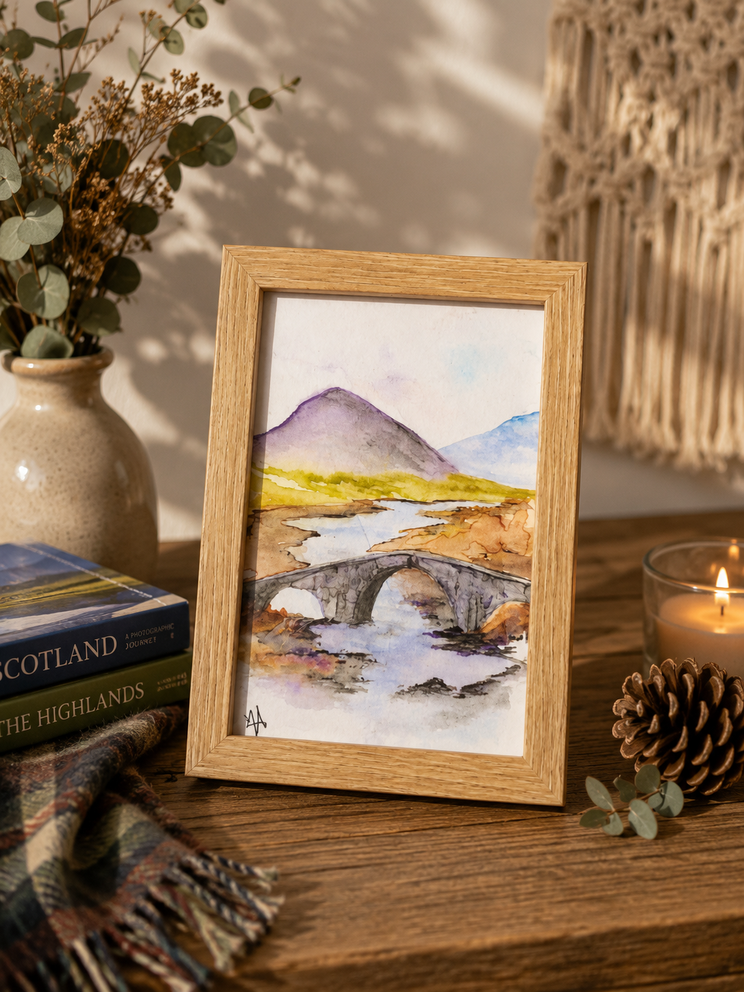 Le Pont des Highlands -Aquarelle originale encadrée