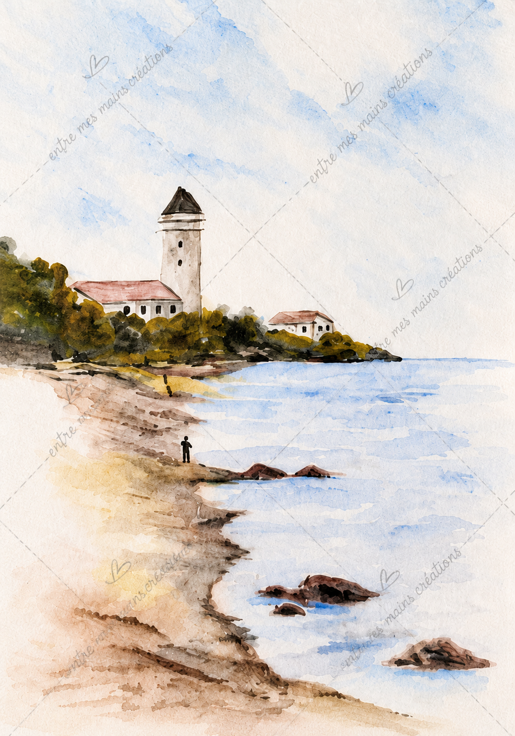 Le silence du rivage - Aquarelle originale encadrée