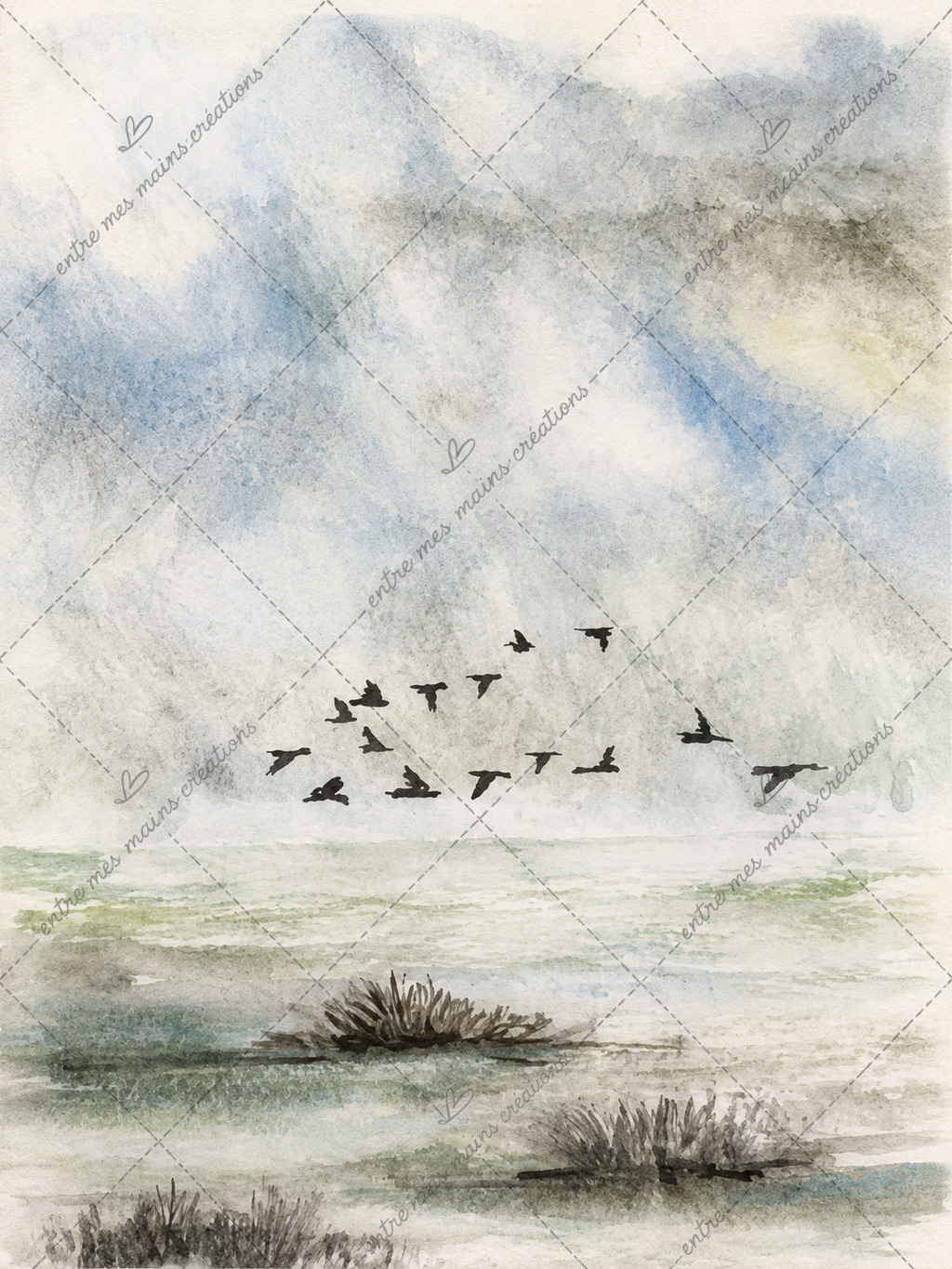 Le Vol des Brumes - Aquarelle originale encadrée