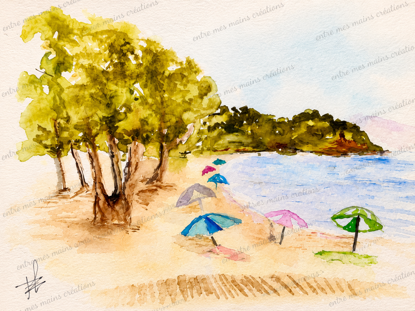 Sous les Pins de la Méditerranée -Aquarelle originale encadrée