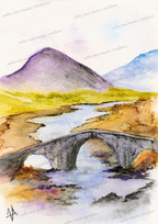 Le Pont des Highlands -Aquarelle originale encadrée