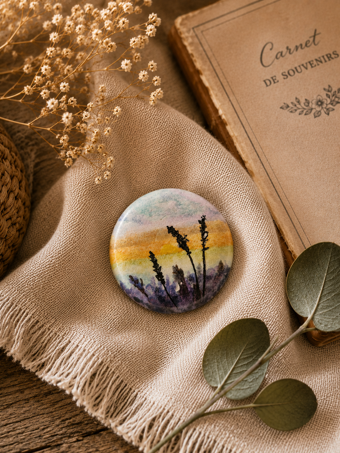 Lavande au soleil couchant- Broche en argile , aquarelle (Copie)