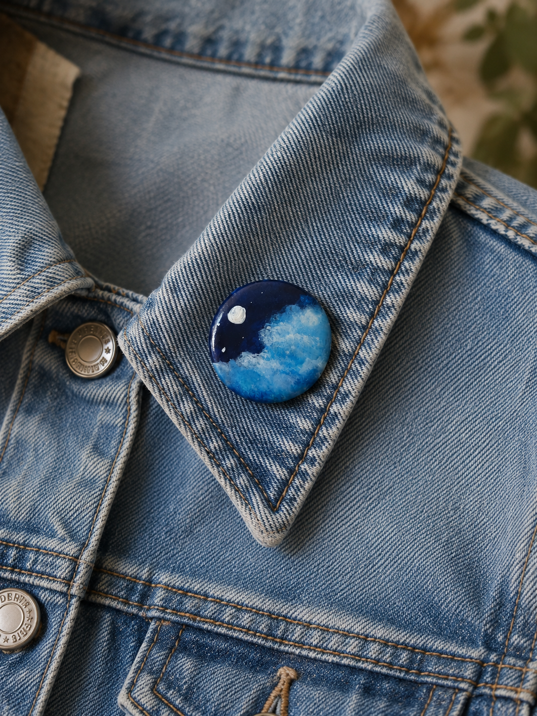Entre lune et nuages- Broche en argile , aquarelle