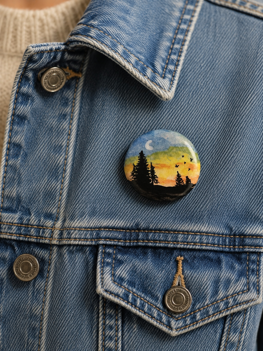 L'heure dorée- Broche en argile , aquarelle