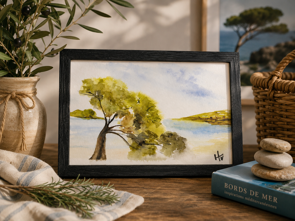 Le Pin des Calanques -Aquarelle originale encadrée