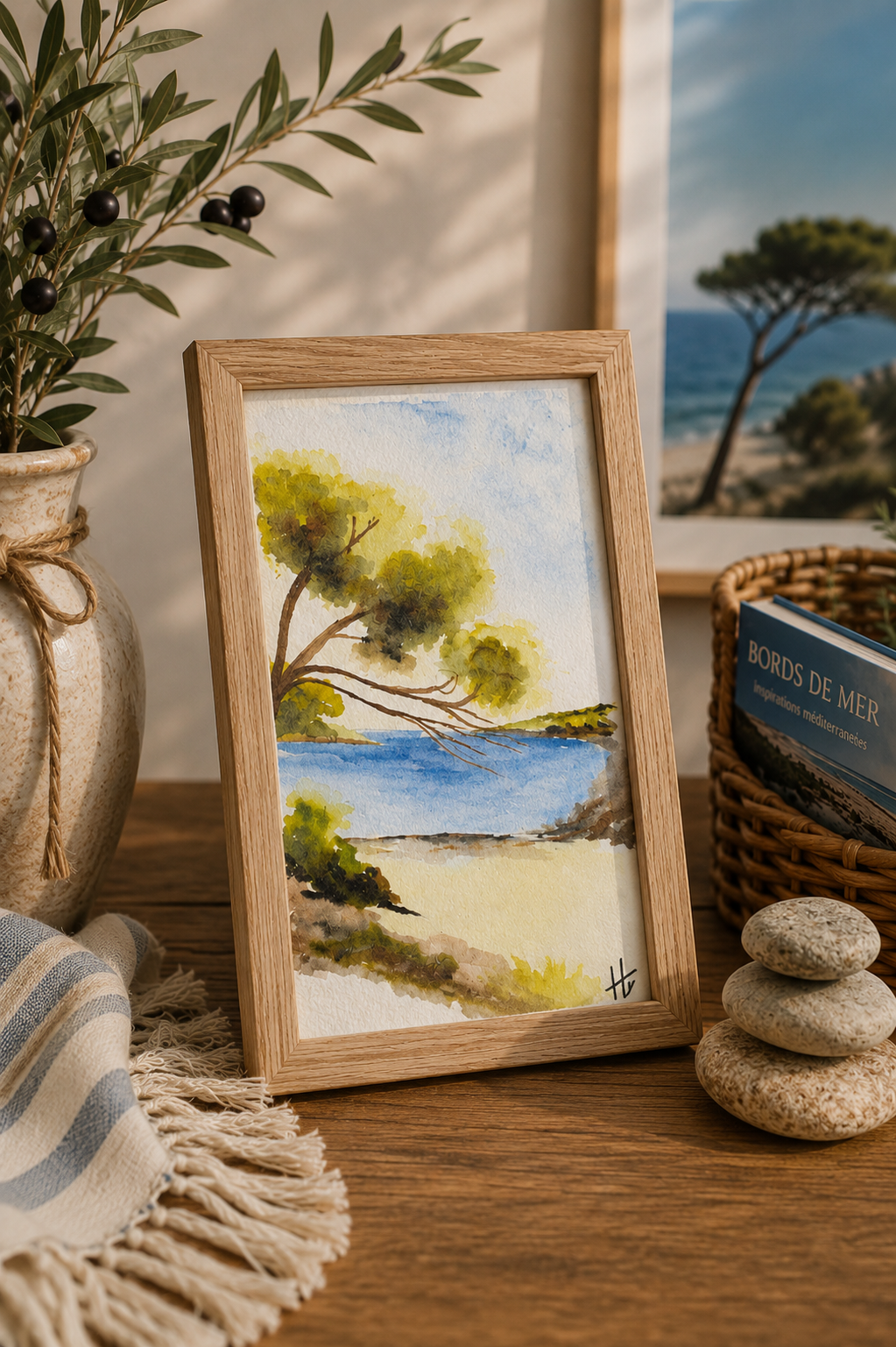 Le pin des rivages -Aquarelle originale encadrée
