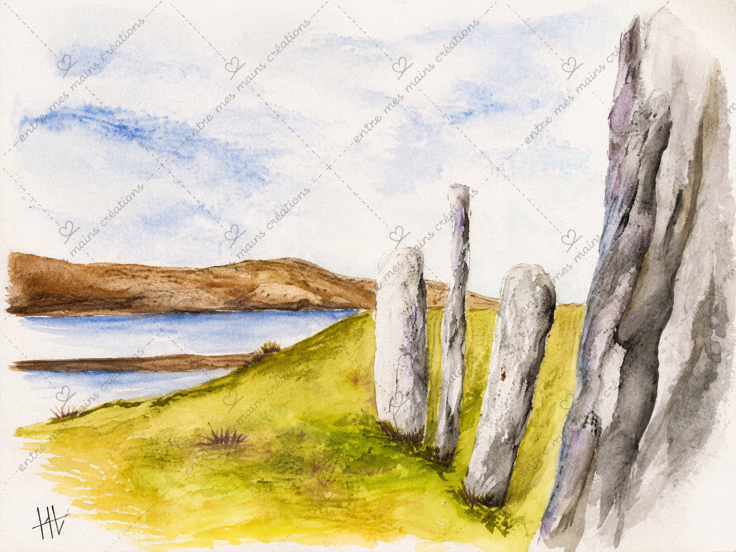 Les Pierres de l'Éternité - Aquarelle originale encadrée