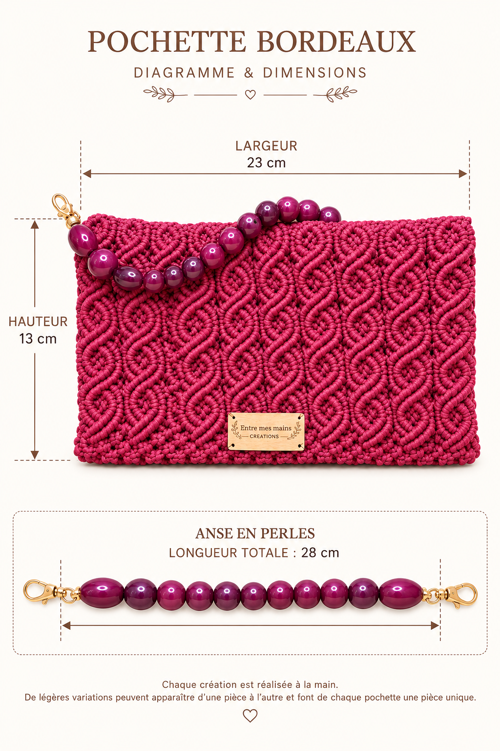 Pochette Grenat – Macramé bordeaux et anse en perles