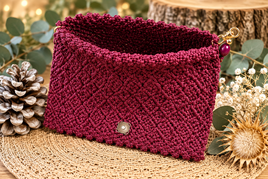 Pochette Grenat – Macramé bordeaux et anse en perles