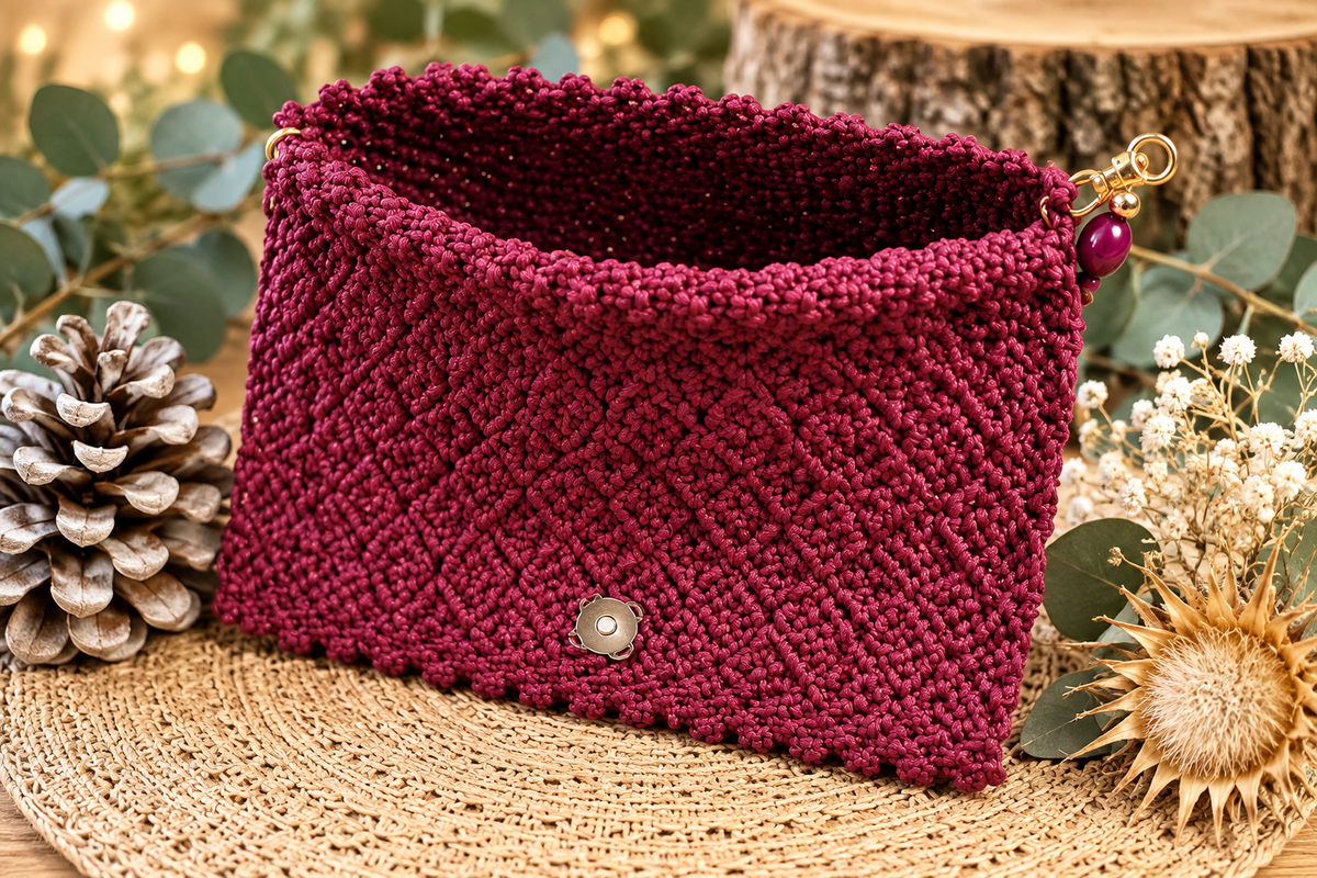 Handtasche aus ecrufarbenem Makramee – Griffe in Bambus-Optik (Kopie)