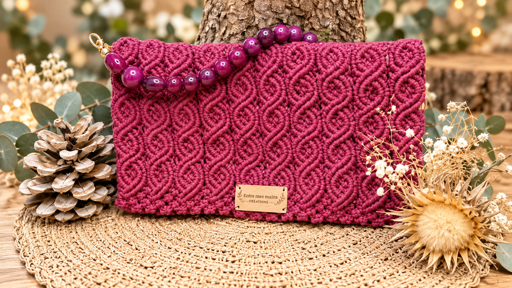 Pochette Grenat – Macramé bordeaux et anse en perles