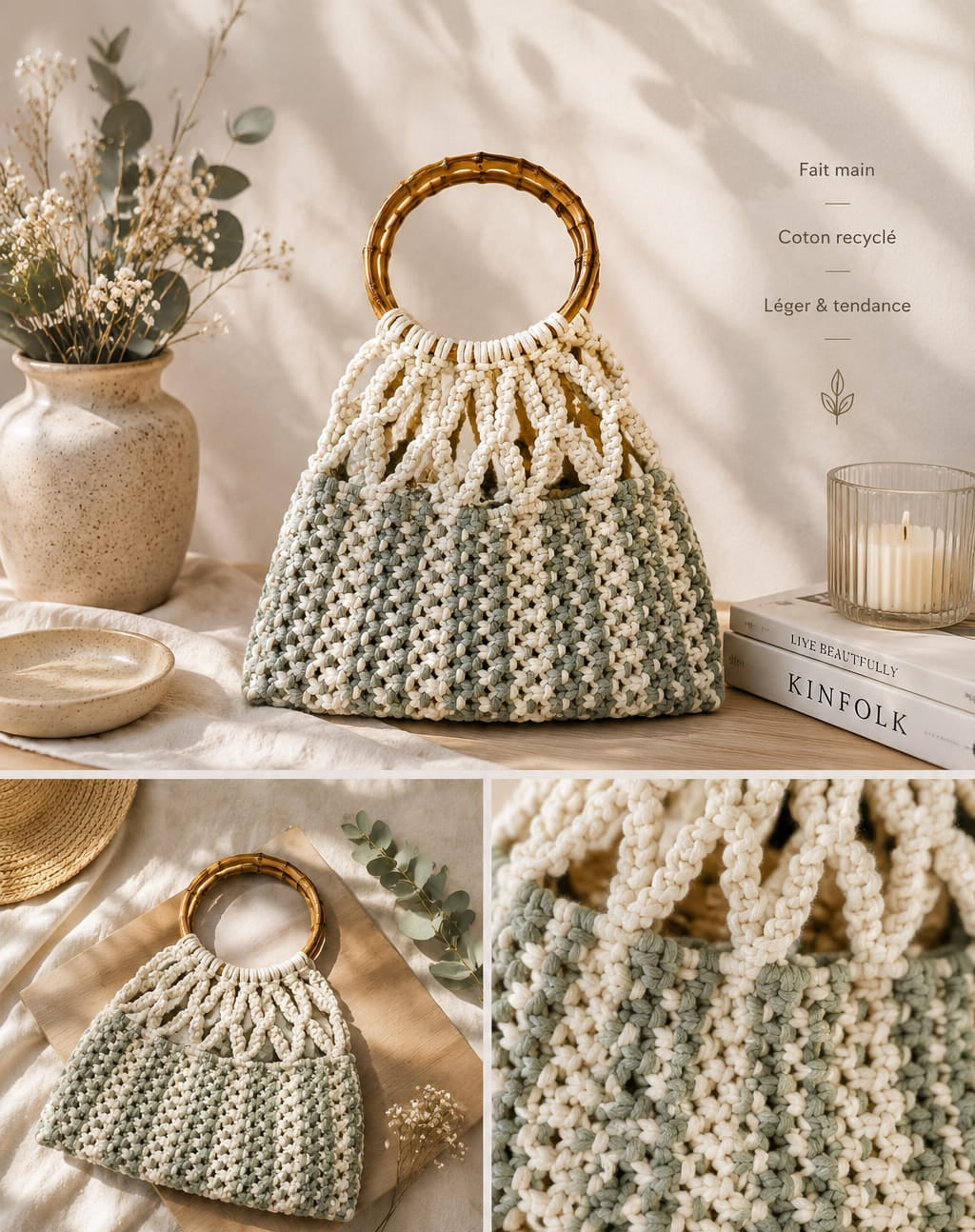 Sage Blossom – Sac en macramé fait main