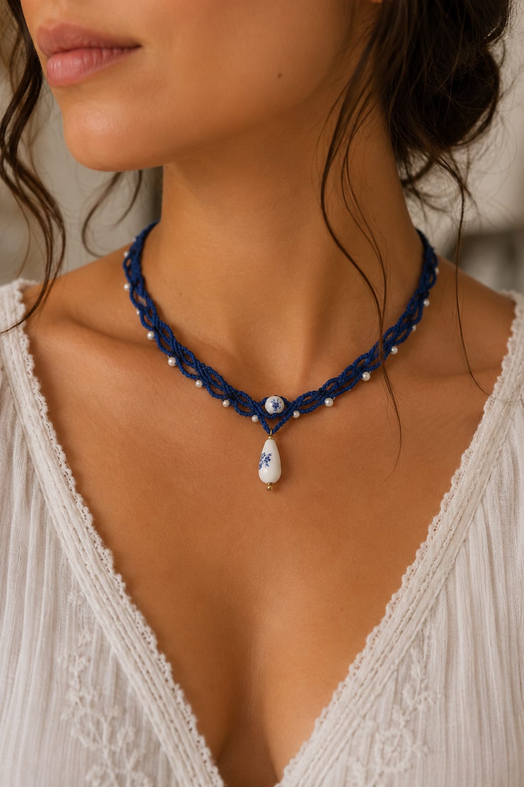 Collier macramé Bleu de Delft